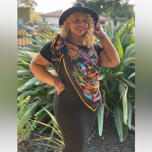 Silk Oversized Birds Scarf -Black w/ multi colored birds - Picture 2 of 4